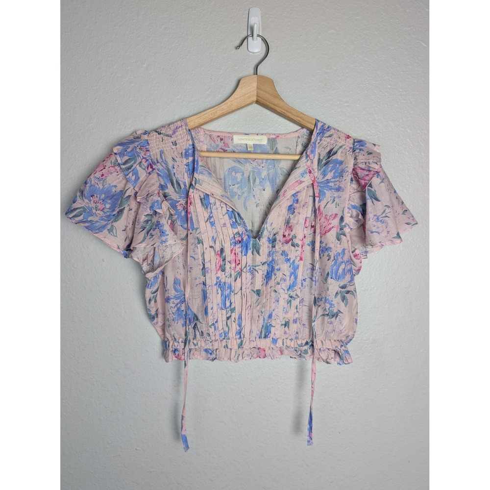 LoveShackFancy Blouse Womens XS Pink Cropped Flutter Sleeve V-Neck Floral